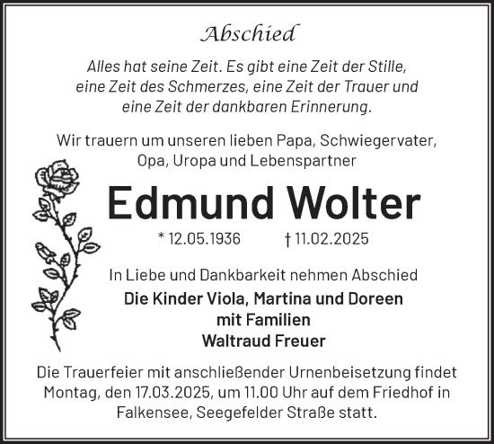 Traueranzeige von Edmund Wolter von Märkische Oderzeitung