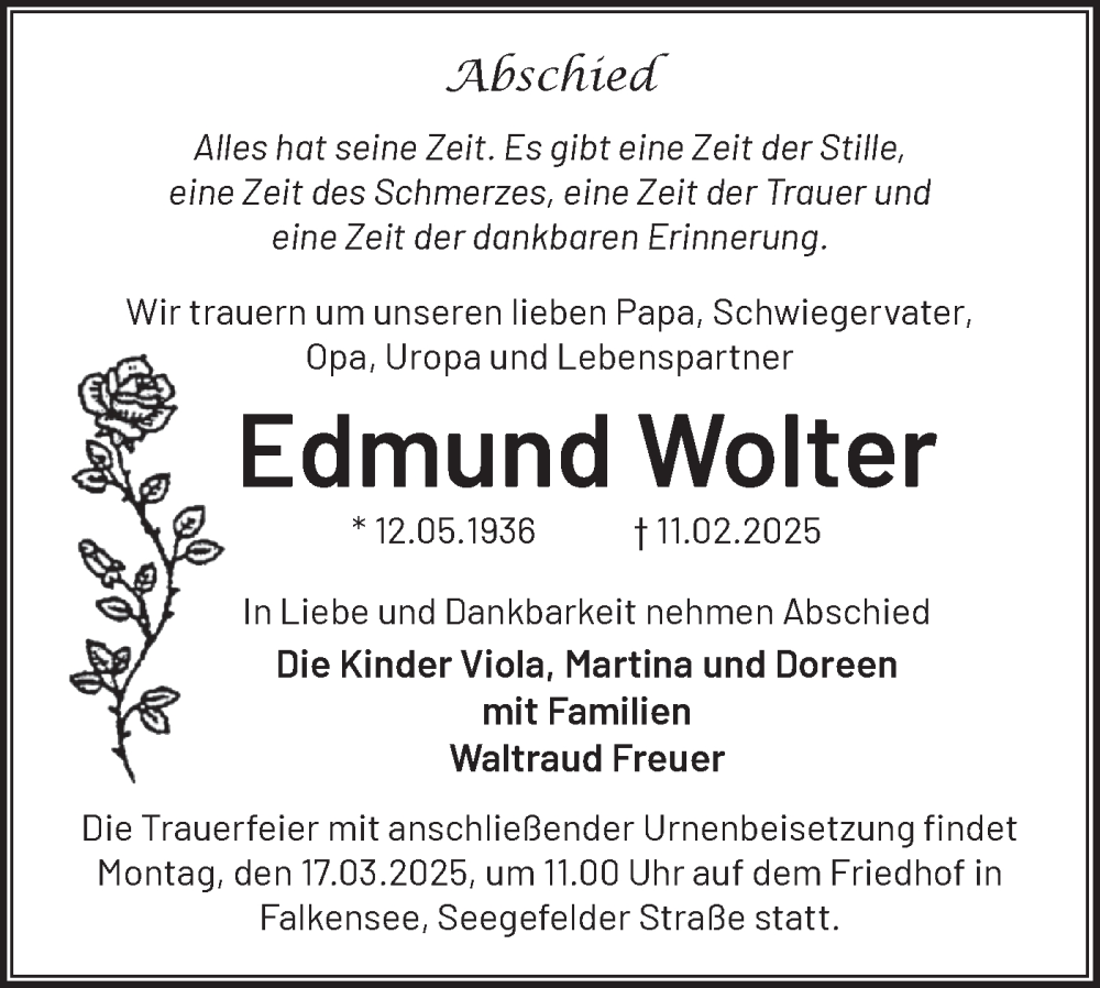  Traueranzeige für Edmund Wolter vom 22.02.2025 aus Märkische Oderzeitung