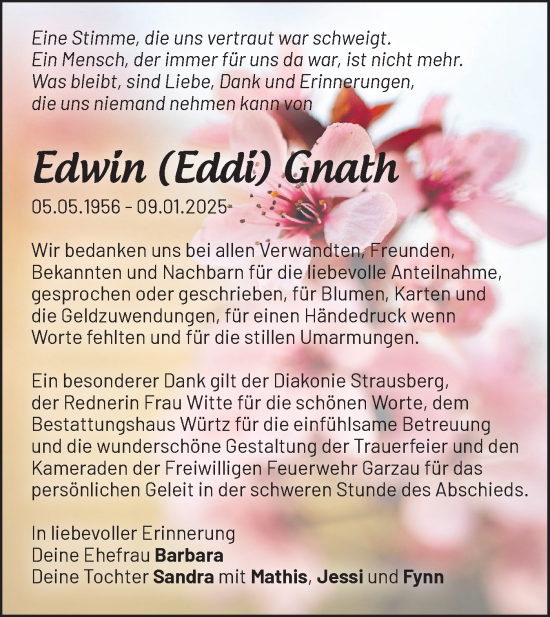 Traueranzeige von Edwin Gnath von Märkische Oderzeitung