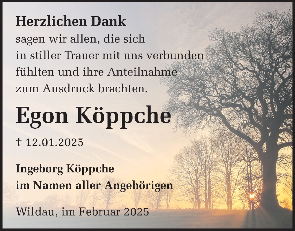  Traueranzeige für Egon Köppche vom 15.02.2025 aus Märkische Oderzeitung