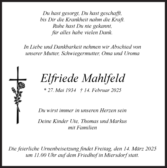 Traueranzeige von Elfriede Mahlfeld von Märkische Oderzeitung