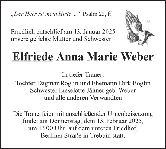 Traueranzeige von Elfriede Anna Marie Weber von Märkische Oderzeitung