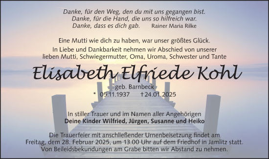 Traueranzeige von Elisabeth  Kohl von Märkische Oderzeitung