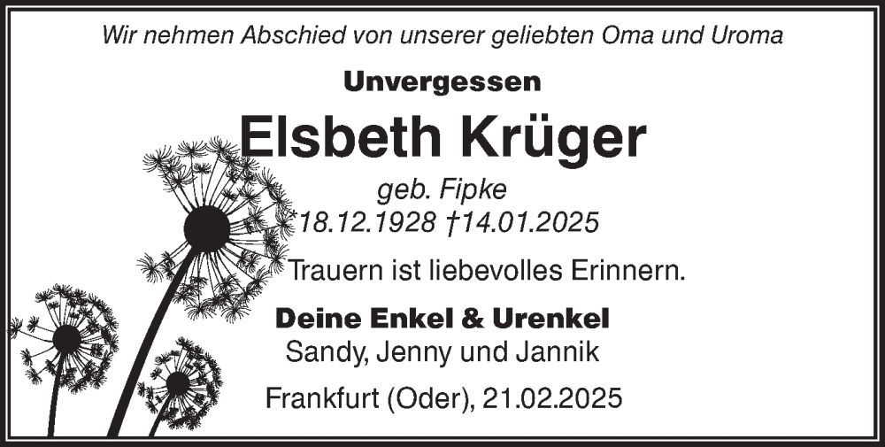  Traueranzeige für Elisabeth Krüger vom 25.02.2025 aus Märkische Oderzeitung