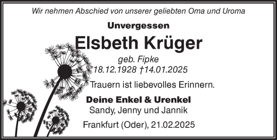Traueranzeige von Elisabeth Krüger von Märkische Oderzeitung