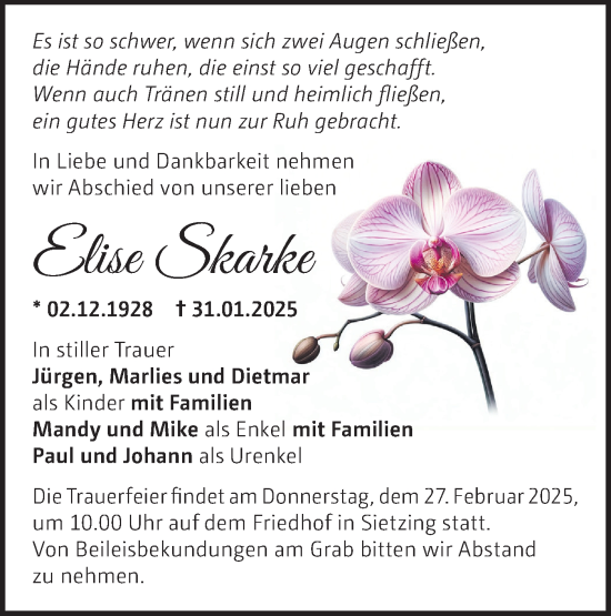 Traueranzeige von Elise Skarke von Märkische Oderzeitung
