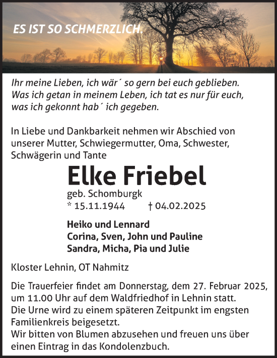 Traueranzeige von Elke Friebel von Märkische Oderzeitung