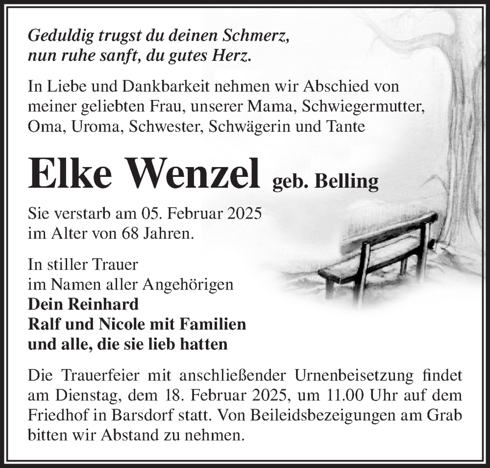  Traueranzeige für Elke Wenzel vom 15.02.2025 aus Märkische Oderzeitung
