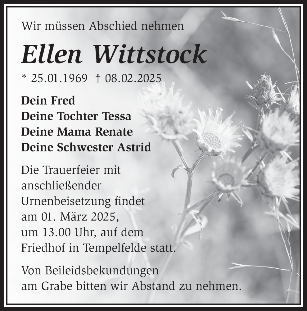  Traueranzeige für Ellen Wittstock vom 22.02.2025 aus Märkische Oderzeitung