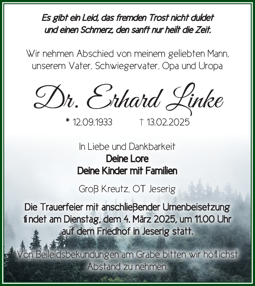  Traueranzeige für Erhard Linke vom 22.02.2025 aus Märkische Oderzeitung