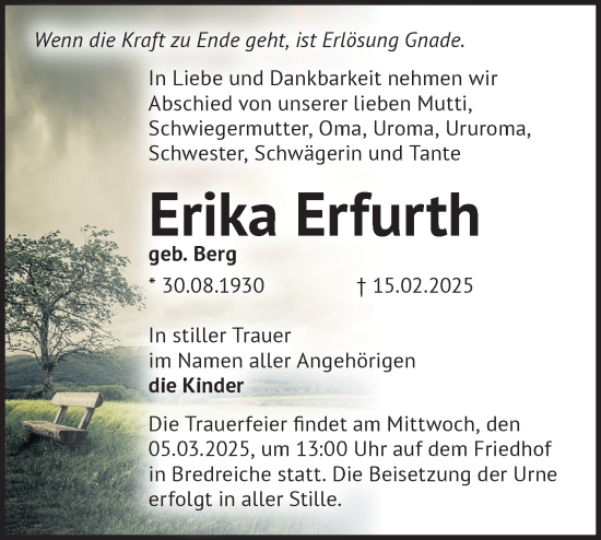 Traueranzeige von Erika Erfurth von Märkische Oderzeitung