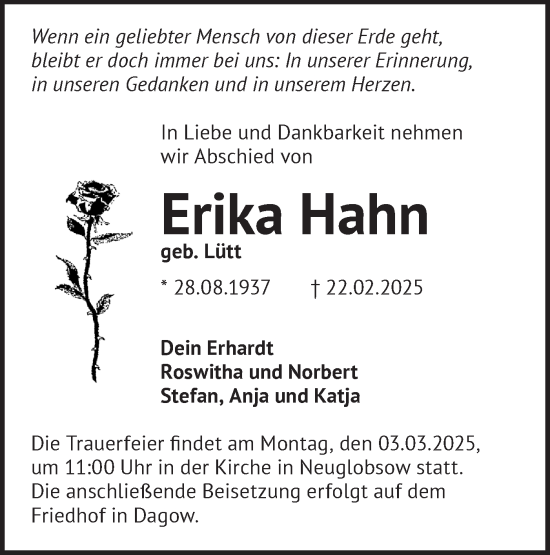 Traueranzeige von Erika Hahn von Märkische Oderzeitung