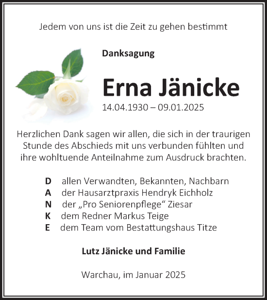 Traueranzeige von Erna Jänicke von Märkische Oderzeitung