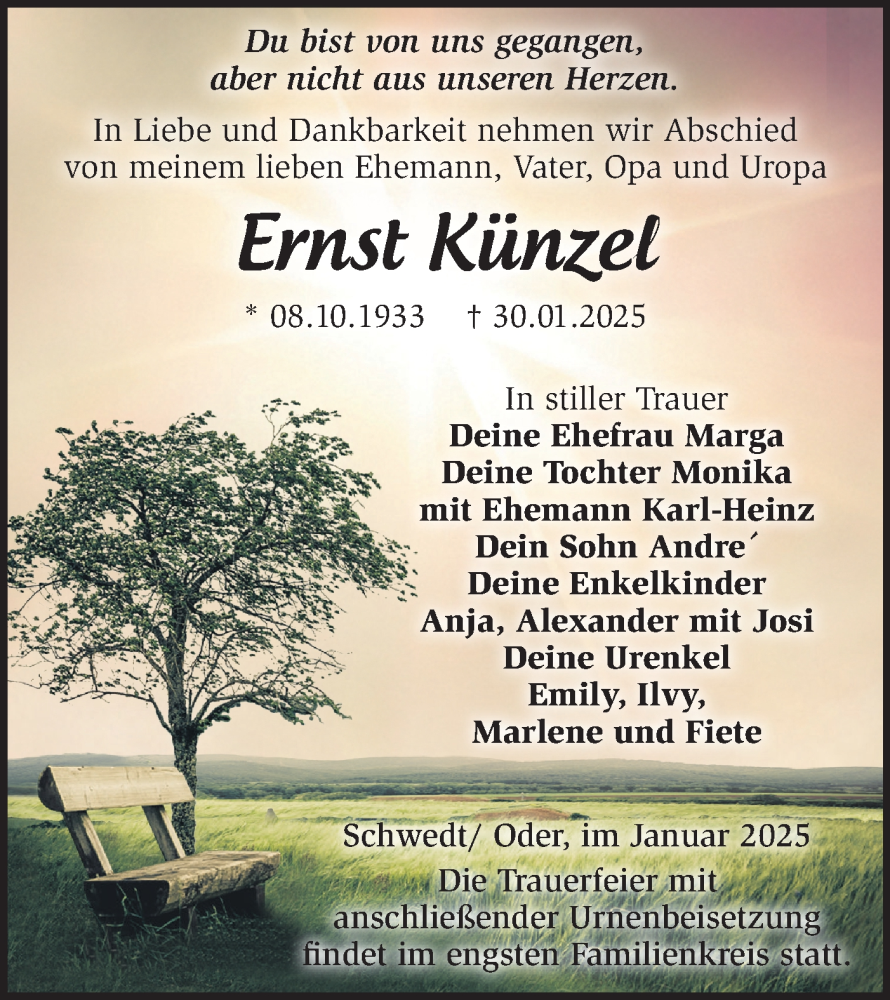  Traueranzeige für Ernst Künzel vom 15.02.2025 aus Märkische Oderzeitung