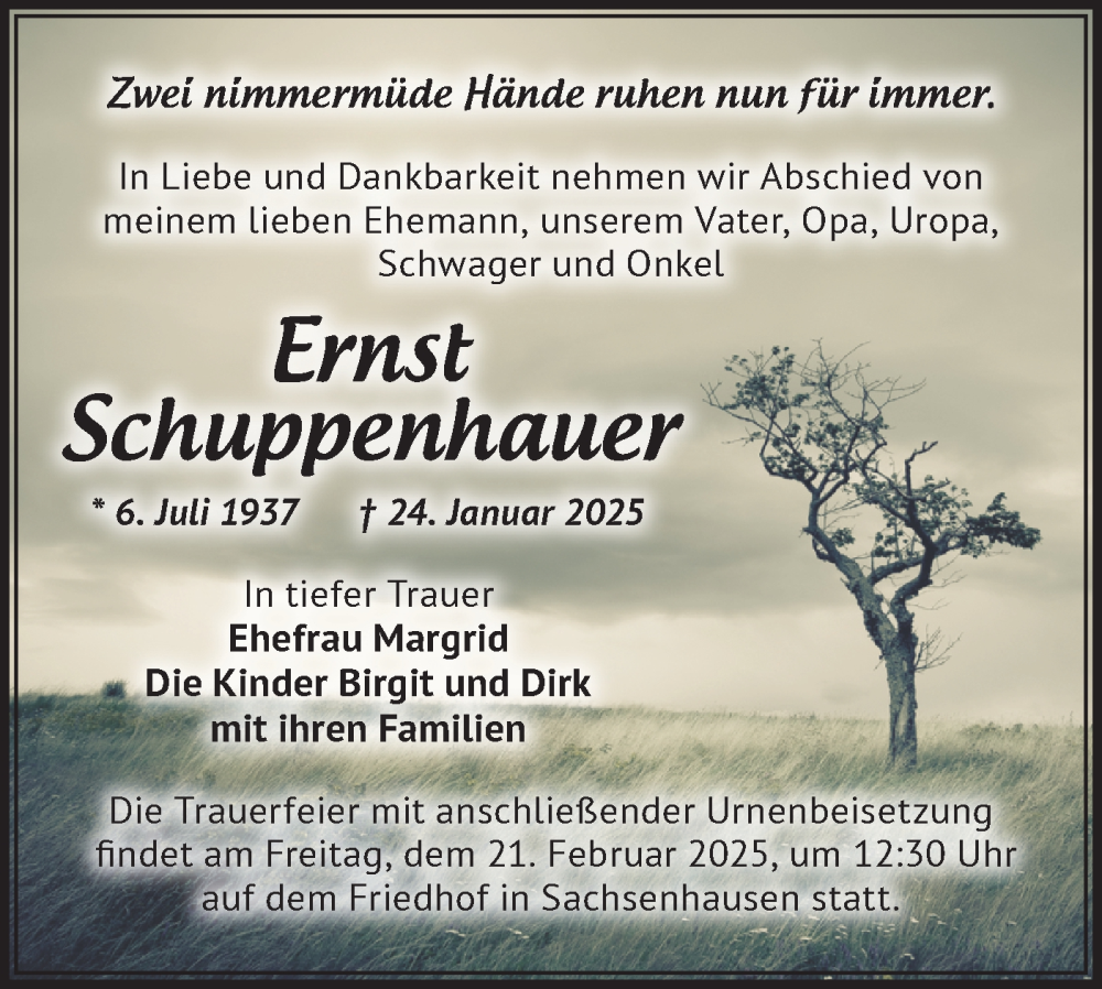  Traueranzeige für Ernst Schuppenhauer vom 08.02.2025 aus Märkische Oderzeitung