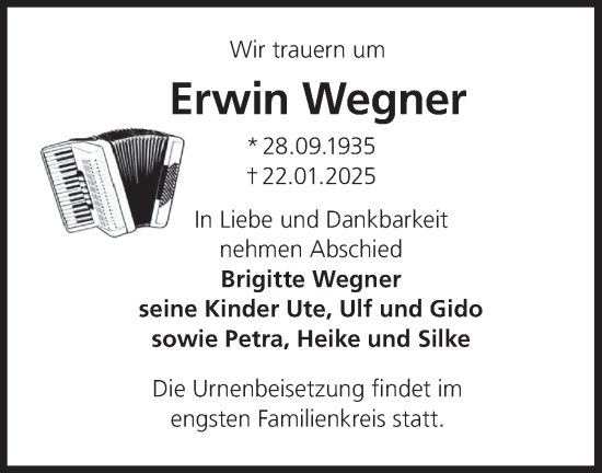 Traueranzeige von Erwin Wegner von Märkische Oderzeitung