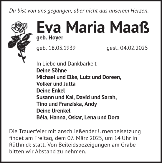 Traueranzeige von Eva Maria Maaß von Märkische Oderzeitung