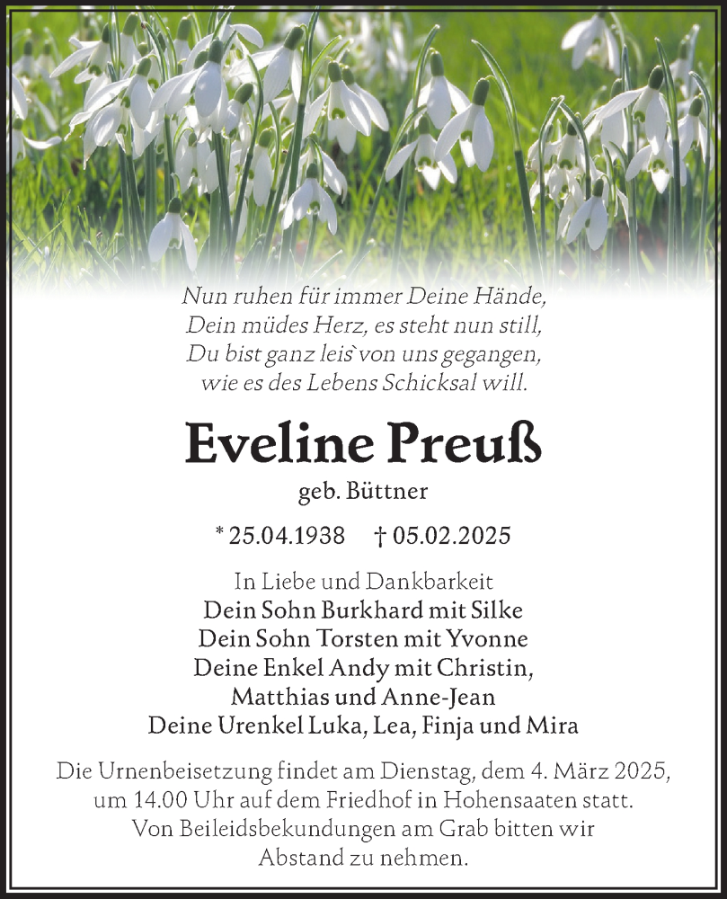  Traueranzeige für Eveline Preuß vom 22.02.2025 aus Märkische Oderzeitung