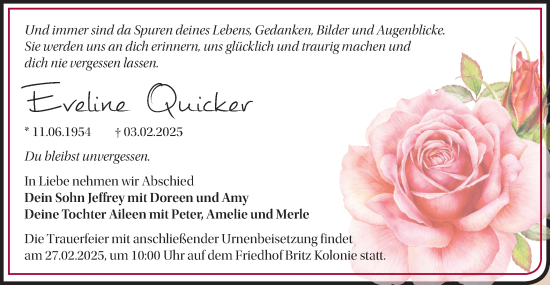 Traueranzeige von Eveline Quicker von Märkische Oderzeitung