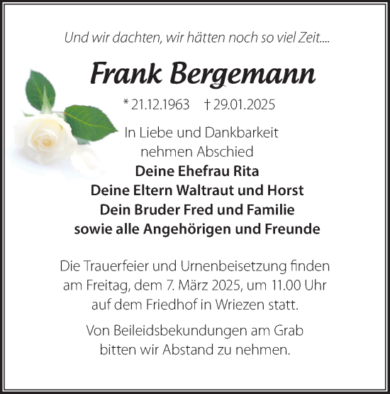 Traueranzeige von Frank Bergemann von Märkische Oderzeitung