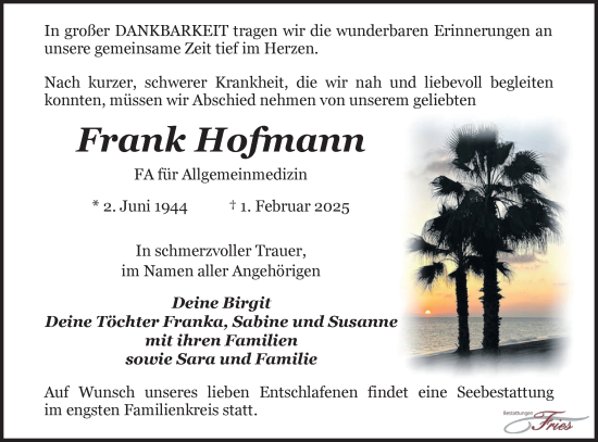 Traueranzeige von Frank Hofmann von Märkische Oderzeitung