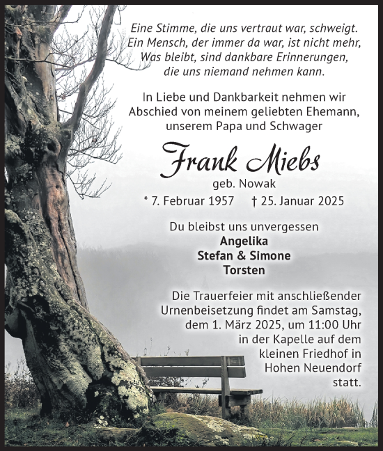 Traueranzeige von Frank Miebs von Märkische Oderzeitung