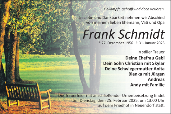 Traueranzeige von Frank Schmidt von Märkische Oderzeitung