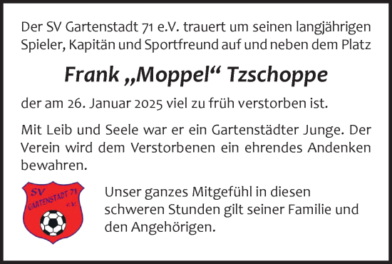 Traueranzeige von Frank Tzschoppe von Märkische Oderzeitung