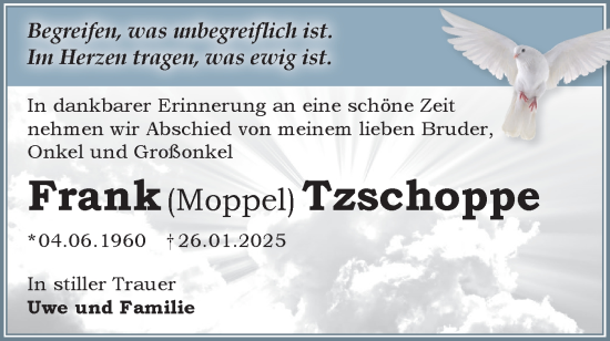 Traueranzeige von Frank Tzschoppe von Märkische Oderzeitung