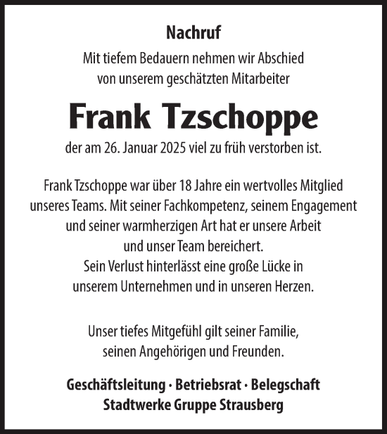 Traueranzeige von Frank Tzschoppe von Märkische Oderzeitung