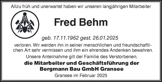 Traueranzeige von Fred Behm von Märkische Oderzeitung