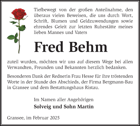 Traueranzeige von Fred Behm von Märkische Oderzeitung