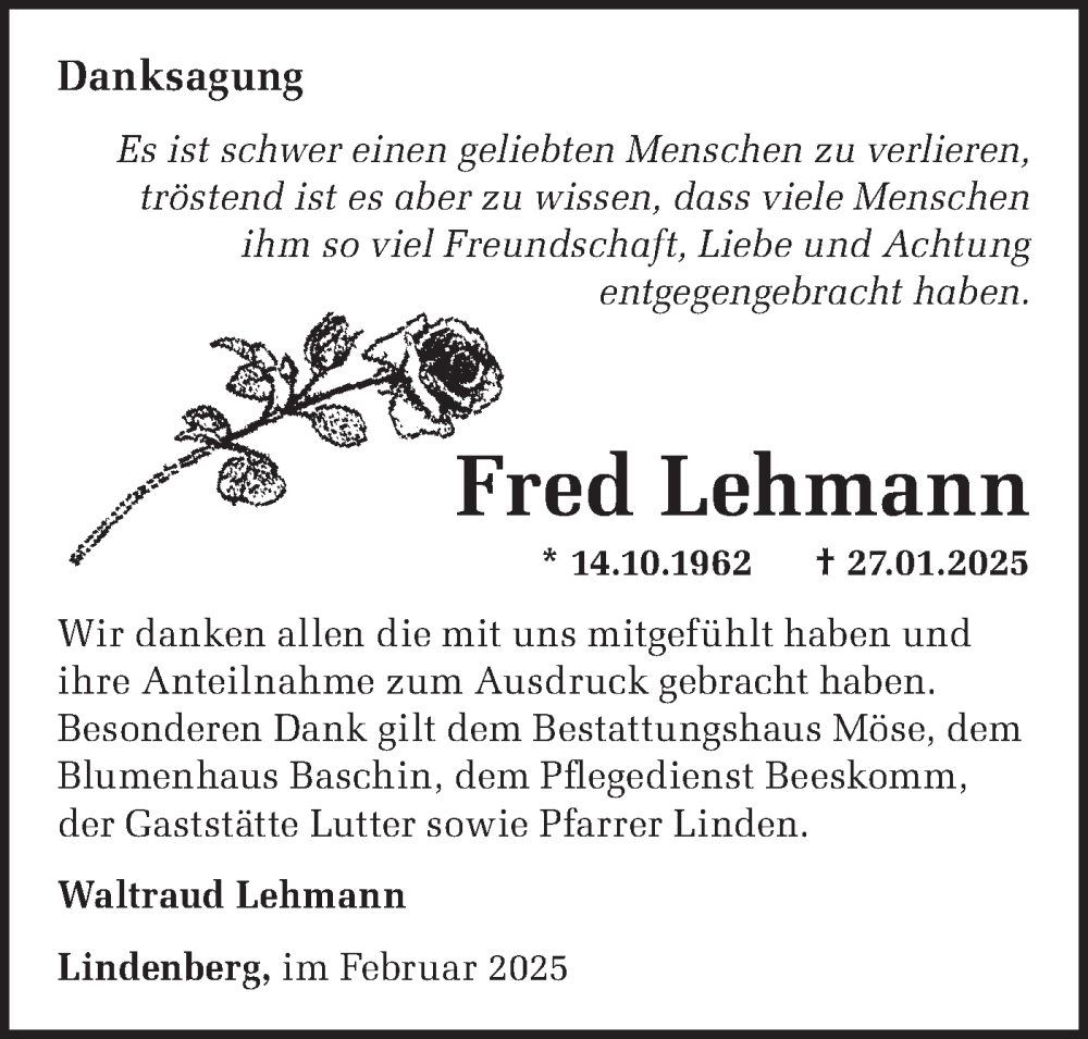  Traueranzeige für Fred Lehmann vom 22.02.2025 aus Märkische Oderzeitung
