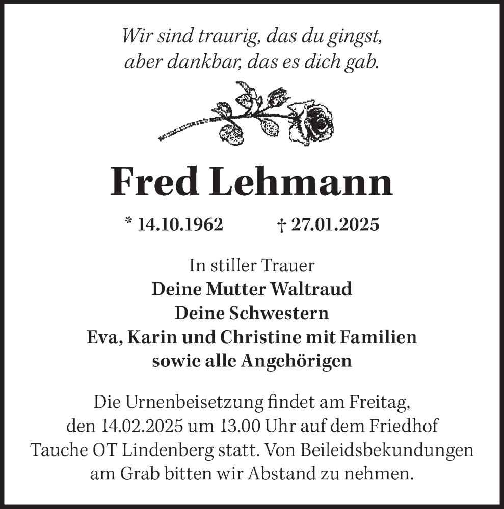  Traueranzeige für Fred Lehmann vom 08.02.2025 aus Märkische Oderzeitung