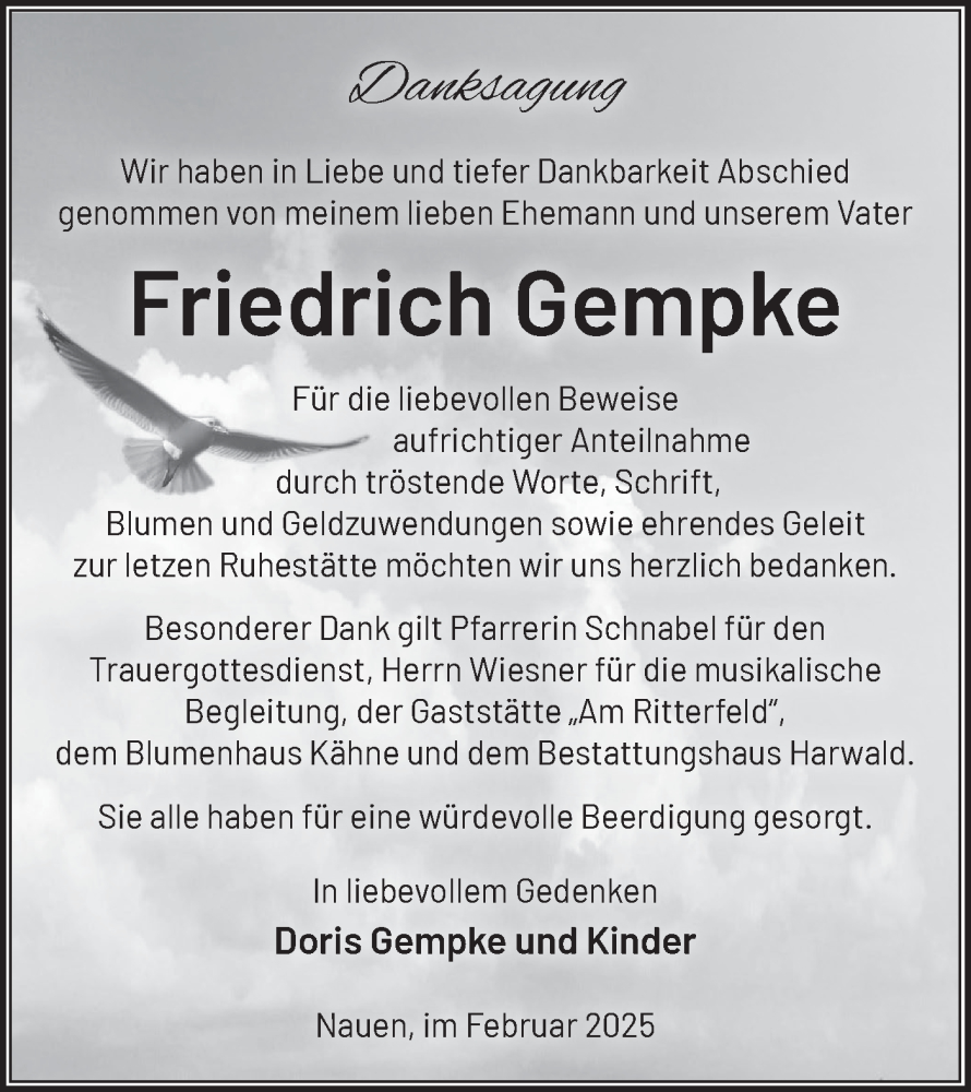  Traueranzeige für Friedrich Gempke vom 22.02.2025 aus Märkische Oderzeitung