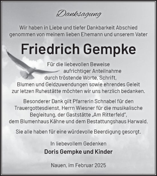 Traueranzeige von Friedrich Gempke von Märkische Oderzeitung