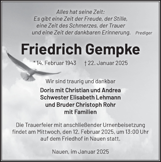 Traueranzeige von Friedrich Gempke von Märkische Oderzeitung