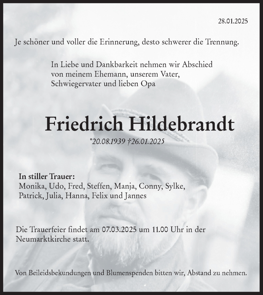  Traueranzeige für Friedrich Hildebrandt vom 08.02.2025 aus Märkische Oderzeitung