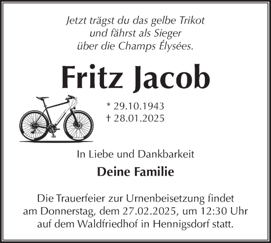 Traueranzeige von Fritz Jacob von Märkische Oderzeitung