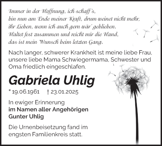 Traueranzeige von Gabriela Uhlig von Märkische Oderzeitung