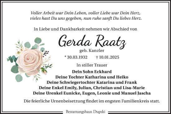 Traueranzeige von Gerda Raatz von Märkische Oderzeitung