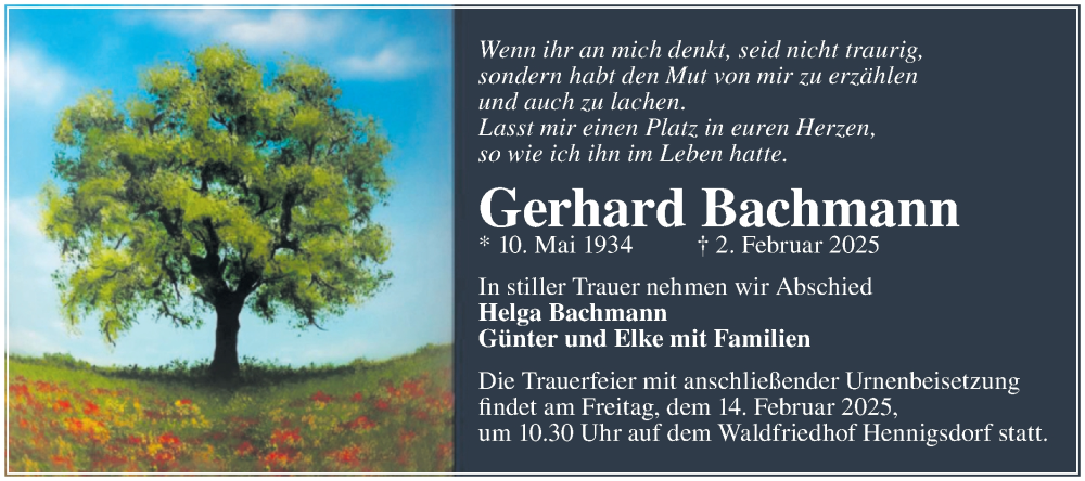  Traueranzeige für Gerhard Bachmann vom 08.02.2025 aus Märkische Oderzeitung