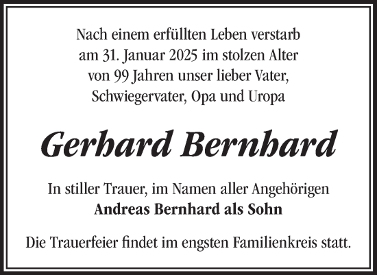 Traueranzeige von Gerhard Bernhard von Märkische Oderzeitung