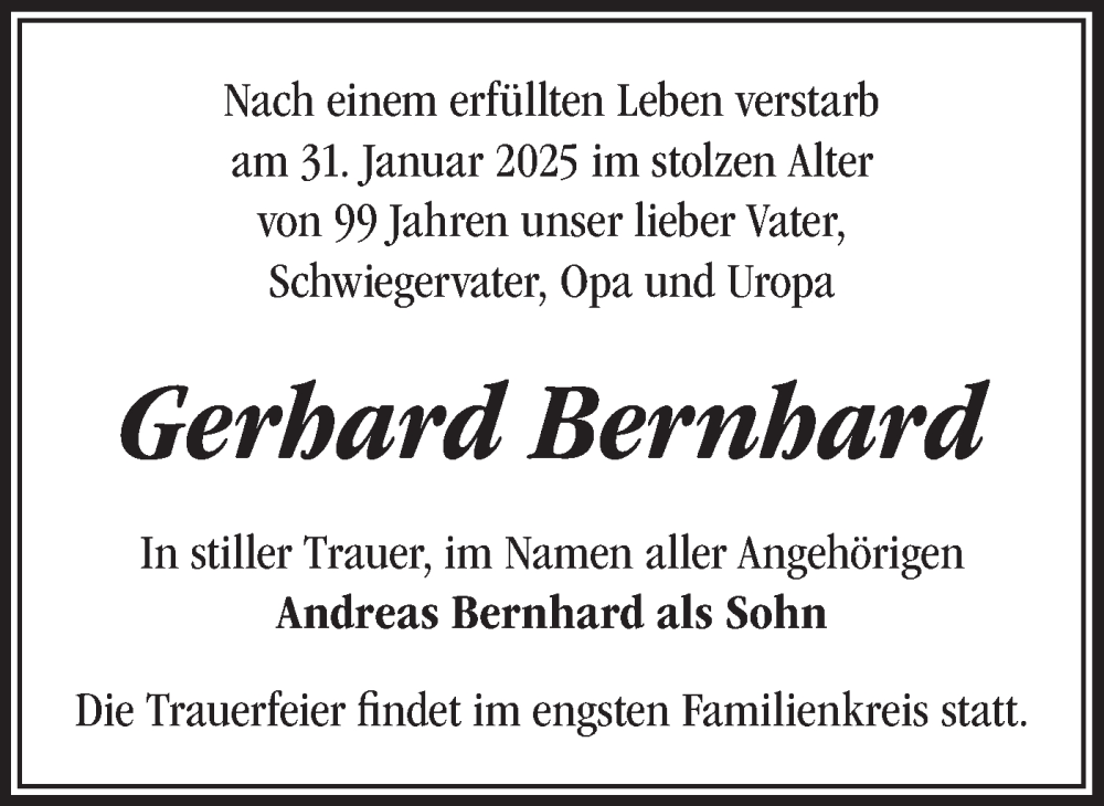  Traueranzeige für Gerhard Bernhard vom 15.02.2025 aus Märkische Oderzeitung