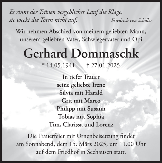 Traueranzeige von Gerhard Dommaschk von Märkische Oderzeitung