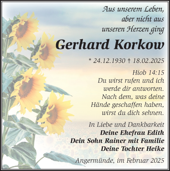 Traueranzeige von Gerhard Korkow von Märkische Oderzeitung