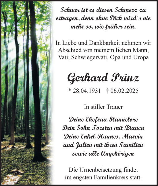 Traueranzeige von Gerhard Prinz von Märkische Oderzeitung