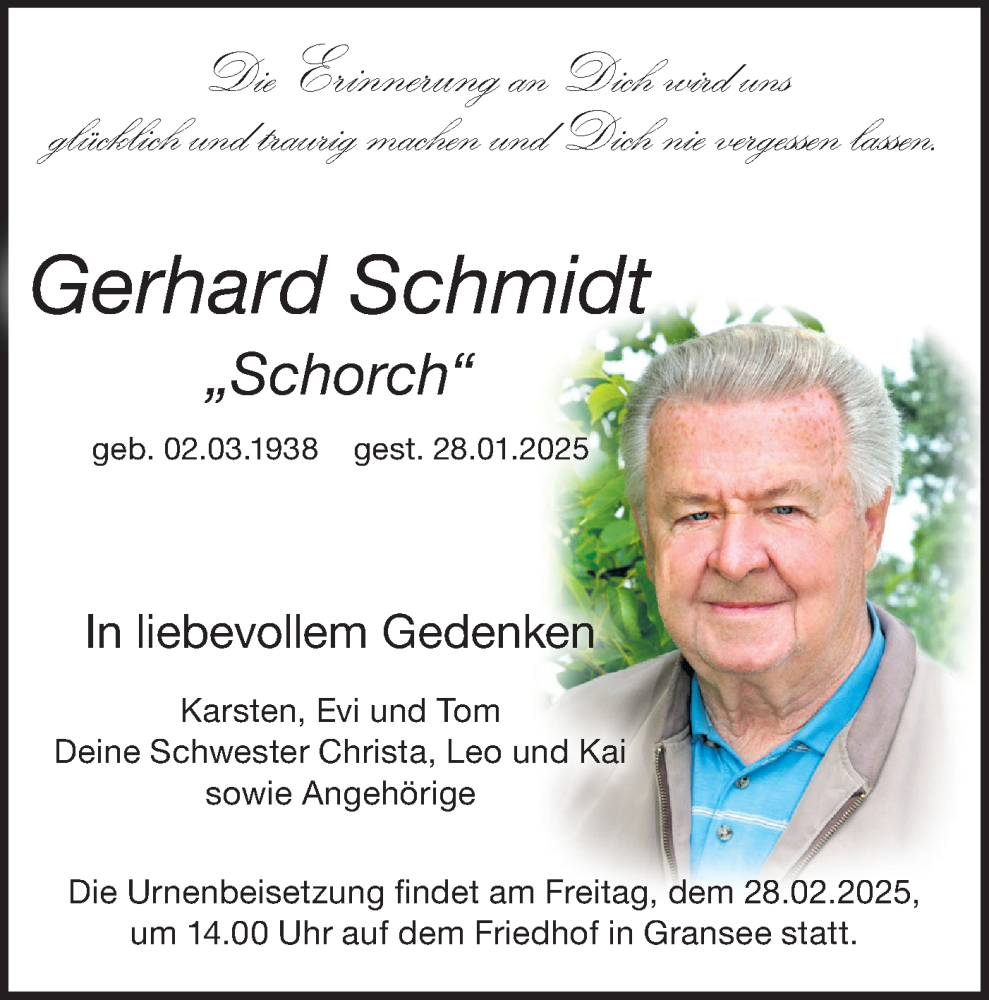  Traueranzeige für Gerhard Schmidt vom 15.02.2025 aus Märkische Oderzeitung