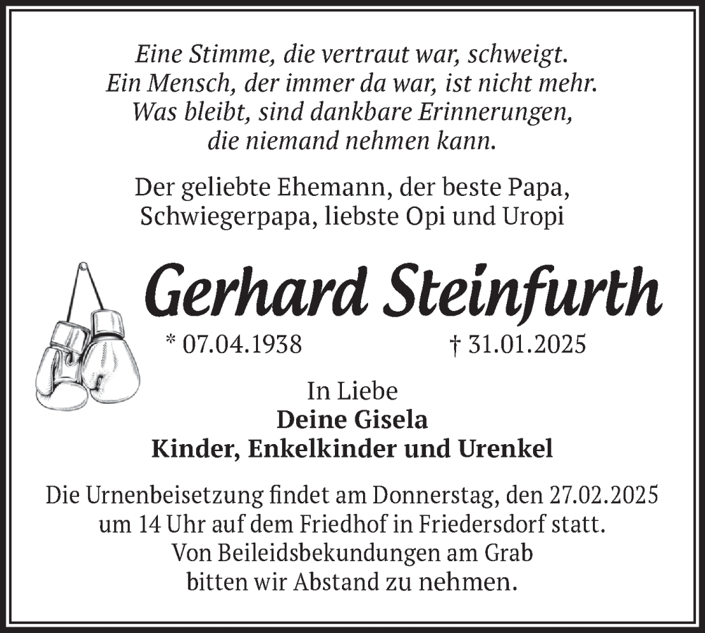  Traueranzeige für Gerhard Steinfurth vom 15.02.2025 aus Märkische Oderzeitung