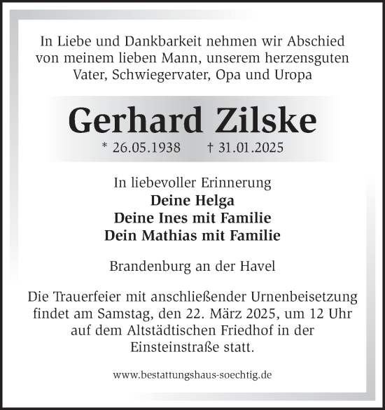 Traueranzeige von Gerhard Zilske von Märkische Oderzeitung
